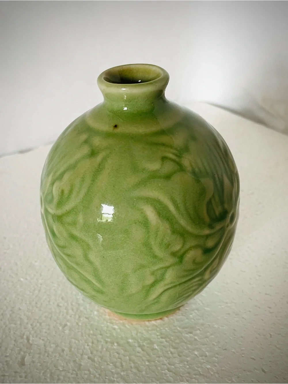 Antique Celadon Sake Bottle Jar Small Green Bud Vase Ceremonial Period Sanda